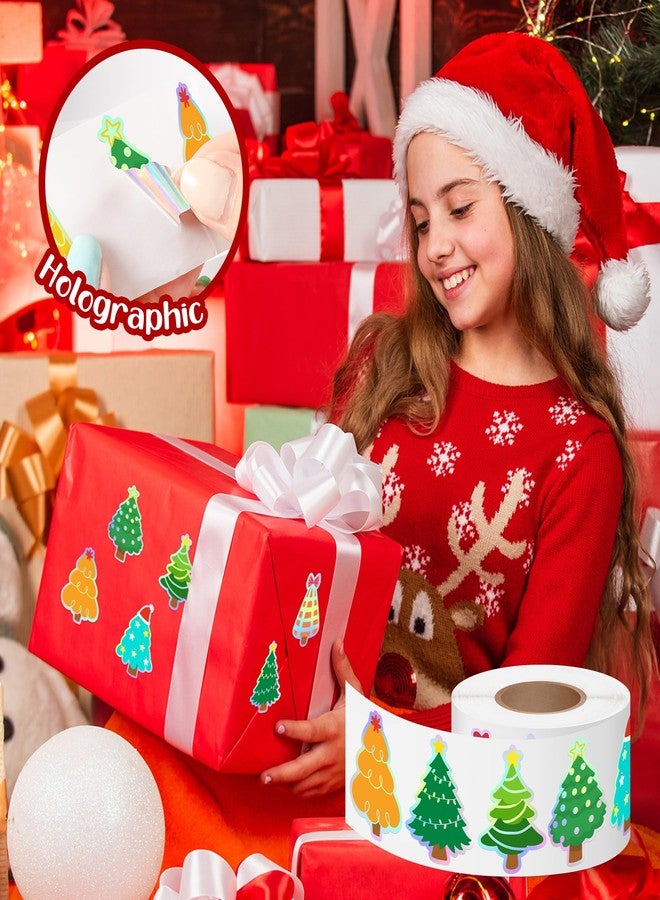 Kirako 500Pcs Christmas Tree Stickers Roll Holographic Laser Xmas Pine Tree Buffalo Plaid Striped Star-Topped Self-Adhesive Decals Festive Winter Holiday Birthday Party Gift for Envelope Journal Decor - Image 3